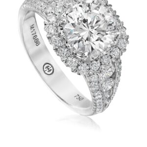 Elegant Round Diamond Halo Engagement Ring with 3 Row Diamond Band
